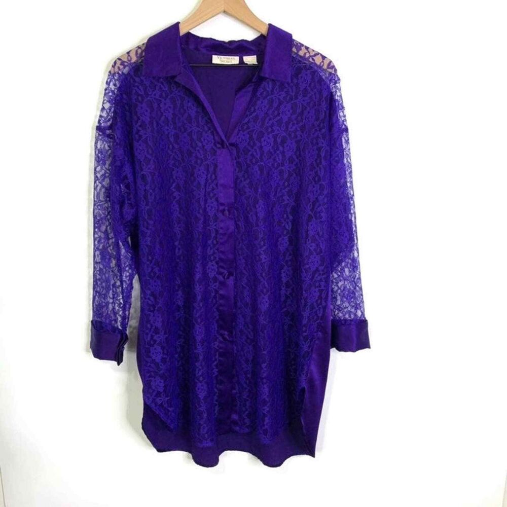 Victoria's Secret Gold Label Purple/Blue Lace Button Night Shirt Pajamas M/L